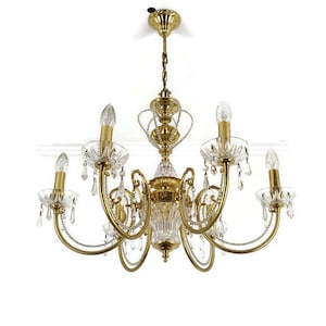 Chandelier Hollywood regency Vintage 70s Brass Glass 6 lights Pendant Ceiling Light