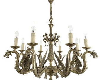 Gothic Chandelier with Dragons Bronze Silver Plated 8 lights Impressive Antique XL