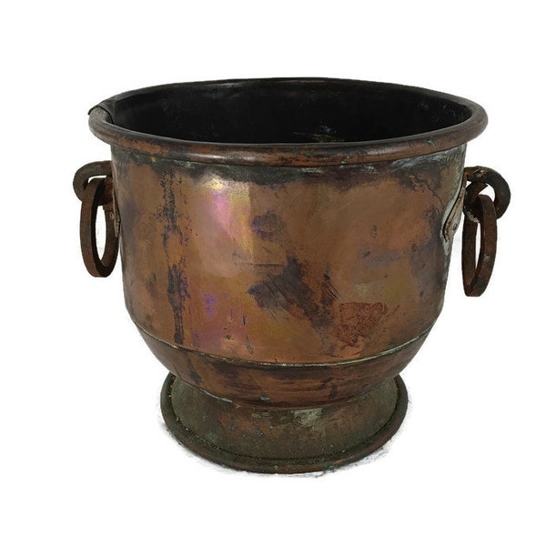 Antique large Kettle Flower Pot Planter Handles Iron Trims Large Copper Rustic Barn Style
