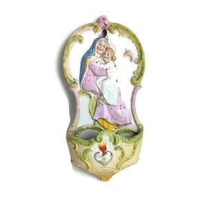 antique Holy water font Vessel Bisque Porcelain Polychrome Virgin mary Infant Holy Heart
