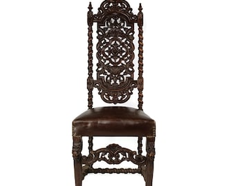 Barley Twist Hand carved Wooden Antique Chair Leather Seating Ornate lion Heads Gothic WOW