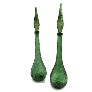 Pair Empoli Italy Vintage Art hobnail  Glass Green Bottles  Italian Decorative Pop Art Decorative