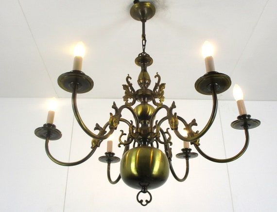 Flemish Dutch Chandelier 6 Arm Lights Seahorses Fish Sphinx Angels