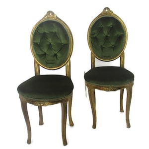 Pair Vintage Lounge Decorative Chair  French Provincial style Carved Wood Green Velvet  Gold Gilded