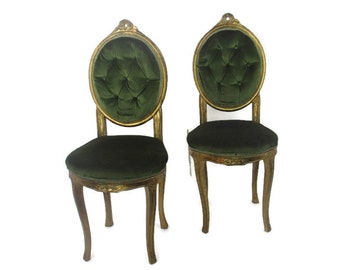 Pair Vintage Lounge Decorative Chair  French Provincial style Carved Wood Green Velvet  Gold Gilded