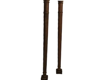 Antique Pair Ornate Carved Wood Reclaimed Architectural Pillars