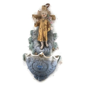 Holy Water Font Vessel porcelain  Bisque Infant Jesus lovely vintage