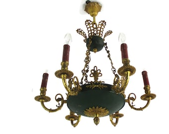 Lustre en bronze à 6 lumières, style empire Régence hollywoodien décoré, magnifique