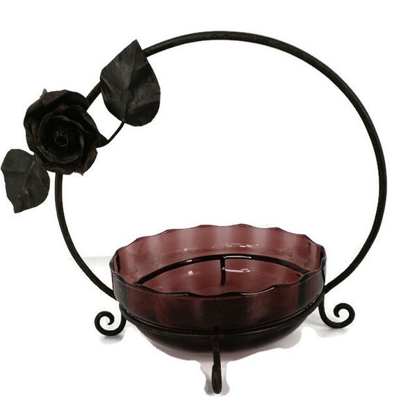 Art Nouveau  Wrought Iron basket Amethist art glass bowl  Roses era Van Boeckel Belgian  centerpiece