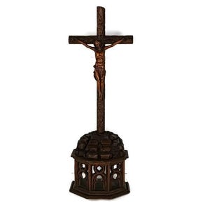 antique 19th century standing Large carved wooden Gothic Crucifix Cross Jesus Christ stunning