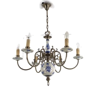 Lustre Delft bleu blanc 6 bras 6 lumières style grange vintage moderniste