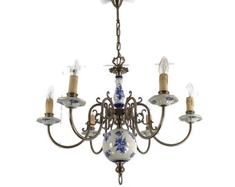 Delft Chandelier Blue White 6 arm 6 lights modernist vintage barn style