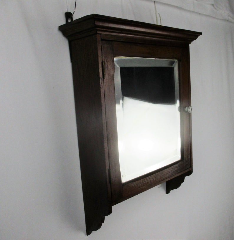 Vintage Pine Wood Kitchen Apothecary Bathroom Wall Cabinet Beveled Glass Mirror