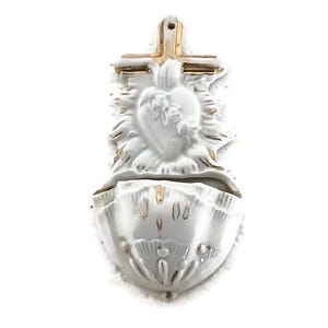 lovely small antique holy water font vessel porcelain bisque Holy heart Crucifix wall hanging
