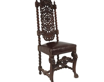 Gothic Antique Barley Twist Hand carved Wood Chair Leather Seating Ornate lion Heads Exquisite