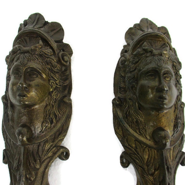 Pair Antique Brass Furniture Trim Mythical Female Head Reclaimed Architectural