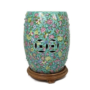 Chinese family Rose porcelain green vintage garden stool seat on wooden base gorgeous