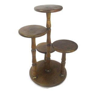 XL Vintage 4 Tier Pedestal Table Plant Flower Stand Side Table Carved wood Brass Pieces HTF