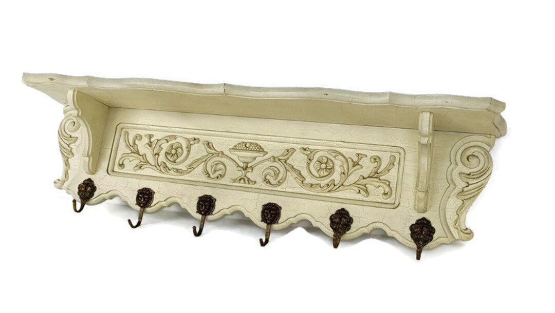 Vintage Wall Coat Hat Rack Shelf Crackeled Wood French Provincial