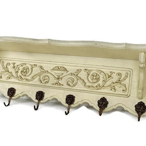 Vintage Wall Coat hat Rack Shelf  Crackeled Wood French Provincial Beautiful Hand Carved
