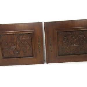 Pair Vintage Hand CarvedWood Breughel  Door Panels Reclaimed Architectural Kitchen Cabinet Doors