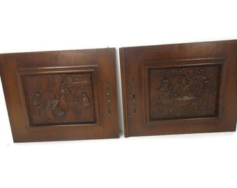 Par Vintage mano tallada madera Breughel paneles de puertas recuperadas puertas de gabinete de cocina arquitectónicas