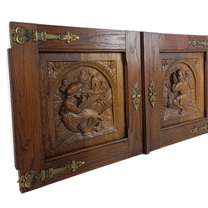 Pair antique Carved Wood Door Panels Brass Trims Breughel Style Architectural Salvaged Reclaimed