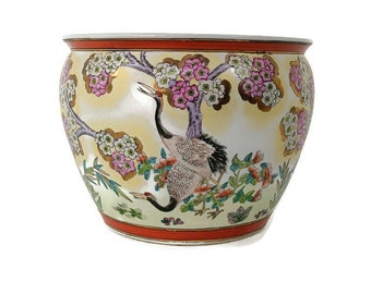 Vintage Birds Chinese Porcelain Enamel Koi Fish Bowl Planter Vase Flowers Cachepot 10&quot; Lovely