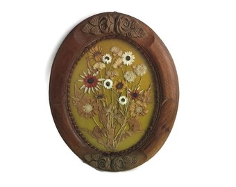 Oval Wooden Framed Shadow Box Dried Flowers Vintage wall hanging Carved ornate wood