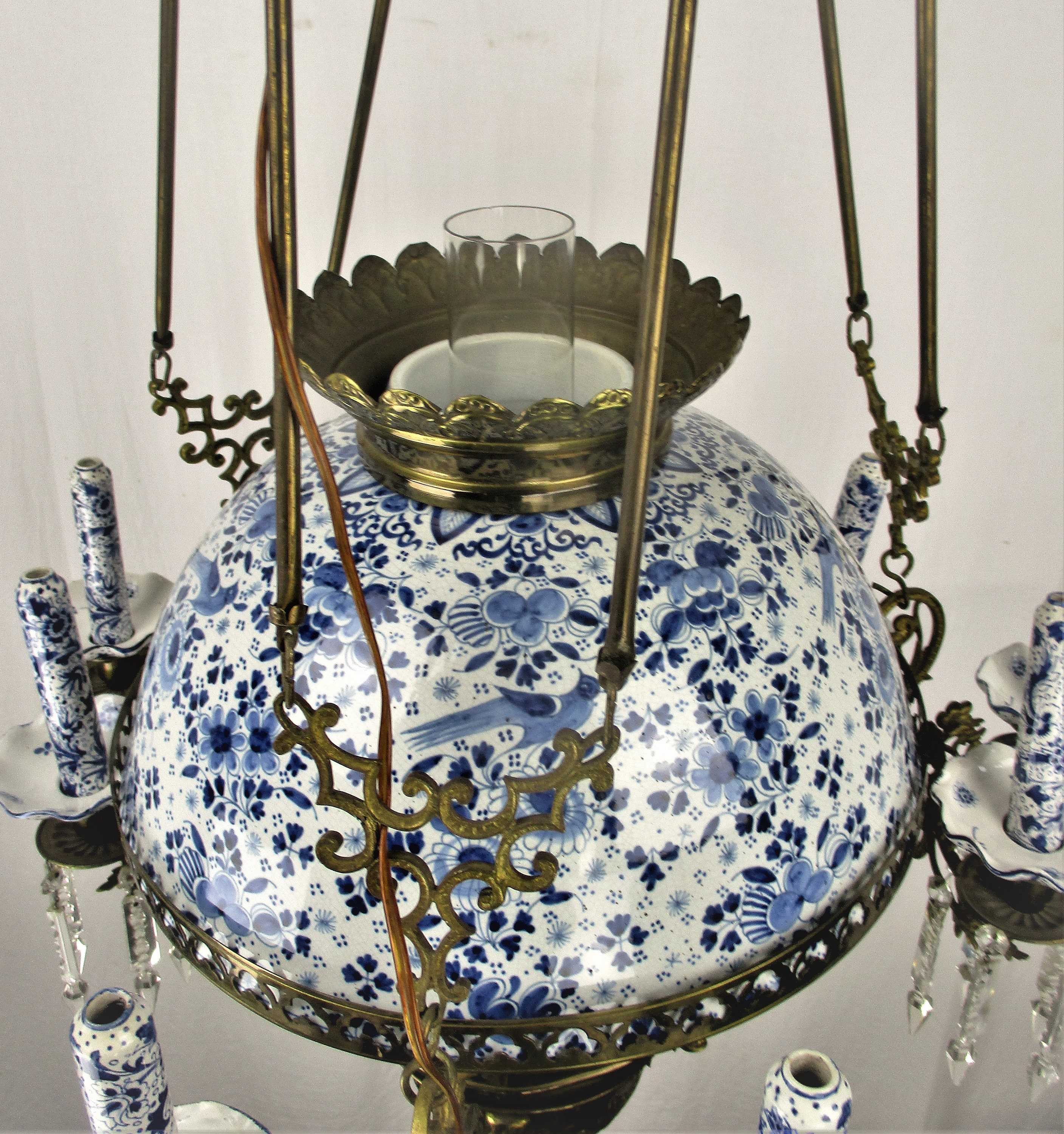 Antique Delft Blue White Porcelain Brass Chandelier Dutch 1