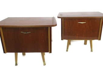 Pair Couple Double Vintage Nightstands End tables Mid Century Modern Wood Retro WOW