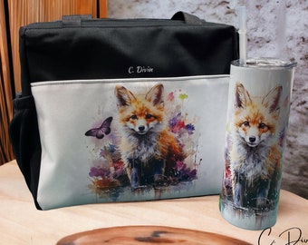 Fox Insulated Lunch Bag | 20oz watercolor fox insulated tumbler | Lunch box and insulated tumbler set | Zero waste food bag