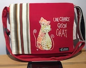 Waterproof red  handbag with big red  flap with hand painted cats , adjustable shoulder strap with leaf pattern
