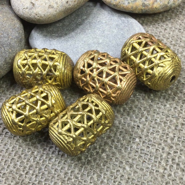 5 large AFRICAN Brass Beads, Lost Wax Brass Beads, Huge Barrel Filligree beads, African trade beads, big organic 32x22mm metal beads