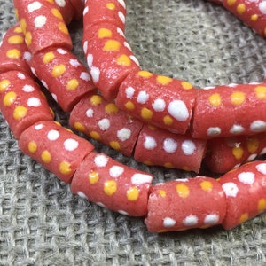 Red Krobo Beads, 16 AFRICAN powder glass Beads, multicolored Ghana beads, short tube beads, 9x12mm glass trade beads, jewelry supplies