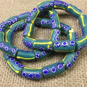 11 Teal Krobo Beads, 11x20mm tube beads, Recycled glass trade beads from Ghana, multicolored powder glass beads, African jewelry supplies