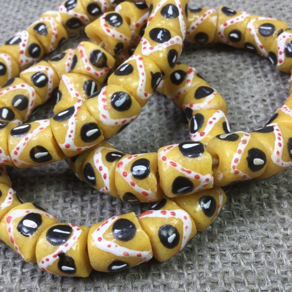 19 Krobo Beads, Ghana powder glass beads, 11x11mm short tube beads, yellow black and white African Trade Beads, AFRICAN bracelet