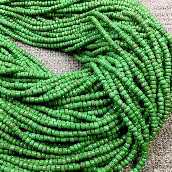 Old, Grass Green antique organic African Trade Beads, small Massai beads, 20+ inches of beads, African Necklace jewelry supply, approx 4x5mm