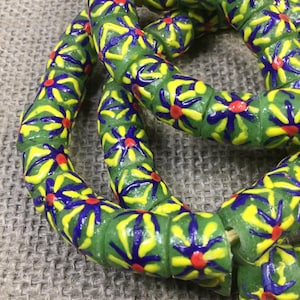 Green Krobo Beads, 20 Ghana powderglass beads, recycled glass 12x13mm fat tube beads, multicolored African Trade Beads, jewelry supplies!