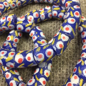 Krobo Beads, 17 Ghana powder glass beads, 11x12mm short tube beads, blue Multi colored AFRICAN beads, Short strand, jewelry supply gift