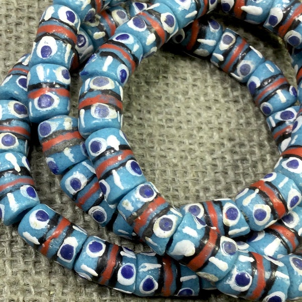 Aqua Blue Krobo Beads, AFRICAN Necklace or Bracelet, 8x14mm multicolored Ghana Beads, recycled glass fair trade beads, jewelry supplies