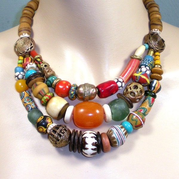 3 strand African necklace, trade beads, lost wax brass beads, bone, stone, clay, wood, coral, Ghana recycled glass beads, fancy Krobo beads