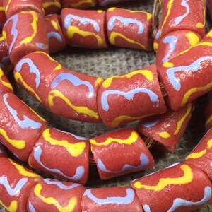 Big Red Krobo Beads, AFRICAN powder glass Beads, multicolored Ghana beads, fat tube beads, 13x16mm Recycled glass global jewelry beads