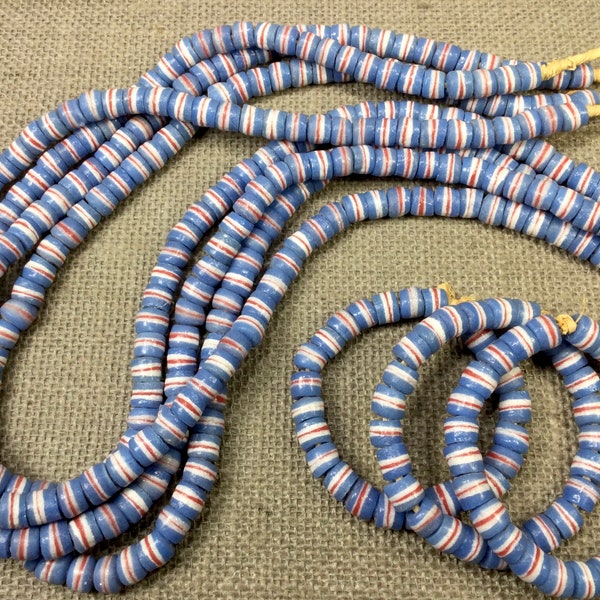 Denim Blue Kente Beads, AFRICAN Necklace or Bracelet, 8x11mm multicolored Ghana Beads, recycled glass fair trade beads, jewelry supplies