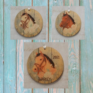 Rustic Horse with roses personalized Christmas tree ornament, Equestrian, gift for horse lover, rustic Christmas, wood, stocking stuffer