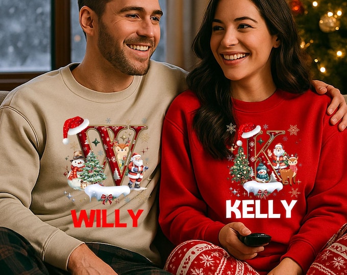Monogram Initial Christmas Shirt/Sweatshirt – Custom Name – Family Matching Outfits – Holiday Pajama Set Tops