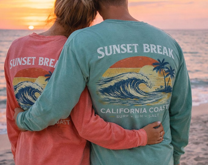 Sunset Break Surf Shirt • Coastal Beach Graphic Tee • Comfort Colors Surfwear • Ocean Wave Summer Shirt • Beach Vacation Outfit