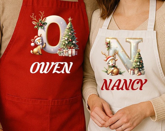 Personalized Christmas Apron with Initial | Holiday Baking Cooking Apron | Custom Name Apron for Family, Friends | Festive Kitchen Gift Idea