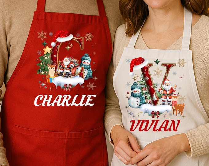 Personalized Christmas Apron Custom Name Initial | Full-Length Cotton Blend Apron with Pouch Pocket | Holiday Gift for Chef, Baker, Mom, Dad