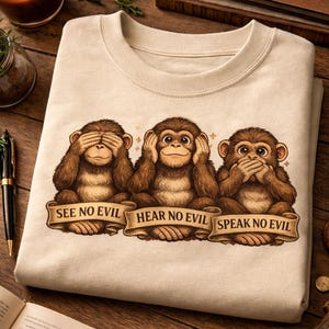 May include: Beige sweatshirt featuring three cartoon monkeys in the 'See No Evil, Hear No Evil, Speak No Evil' pose. Each monkey has a banner with the corresponding phrase. The design is in shades of brown and beige.